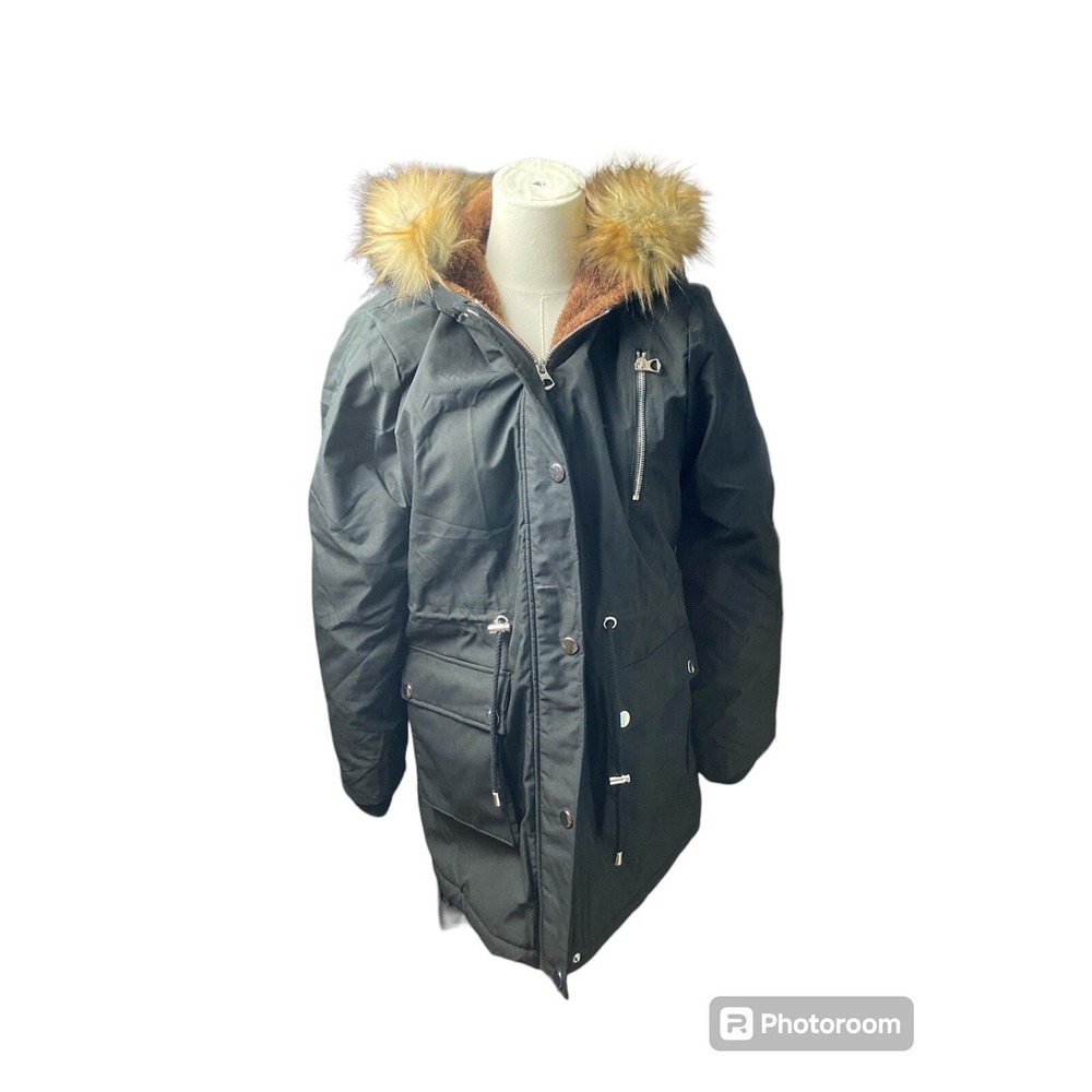 Winter‎ Jacket Medium Black Womens Faux Fur Hooded